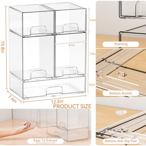 Yieach 5 Set Clear Stackable Storage Drawers and Acrylic Drawer Organizer,BPA Free Baby Bottle Organizer for Countertop and Bottle Station Organizer for Breast Pump Parts,Pacifier and Baby Accessories