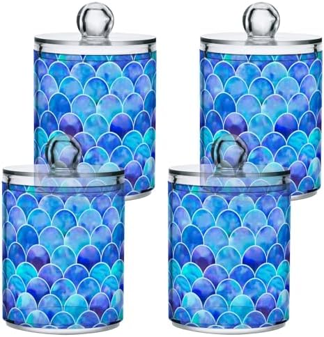 MNSRUU 4 Pack Qtip Holder Organizer Dispenser Blue Scales Of Mermaid Bathroom Containers Bathroom Vanity Storage Canister Apothecary Jars for Cotton Swabs/Pads/Floss