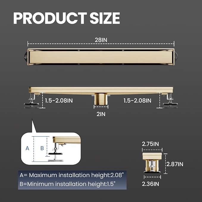 Linear Shower Drain 28 Inch Gold, Brushed AISI 304 Stainless Steel Shower Drain with 2-in-1 Tile Insert Panel, for Bathroom, Kitchen, Garage & More