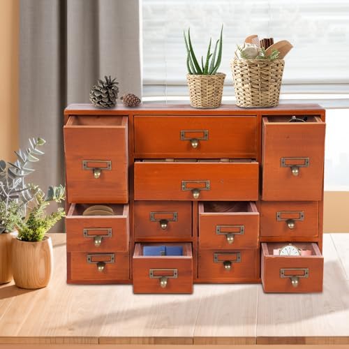 12 Drawers Apothecary Cabinet Library Card Catalog Cabinet Card Catalog Drawer with Metal Handles & Label Slot Wooden Desk Drawer Organizer for Herb Storage, Tea Collection (Brown)