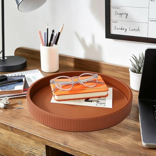 HofferRuffer Round Decorative Tray, Faux Leather Vanity Tray Decor, Decorative Catchall for Perfume, Bathroom Valet, Nightstand or Dresser (Brown Stripe, 12")