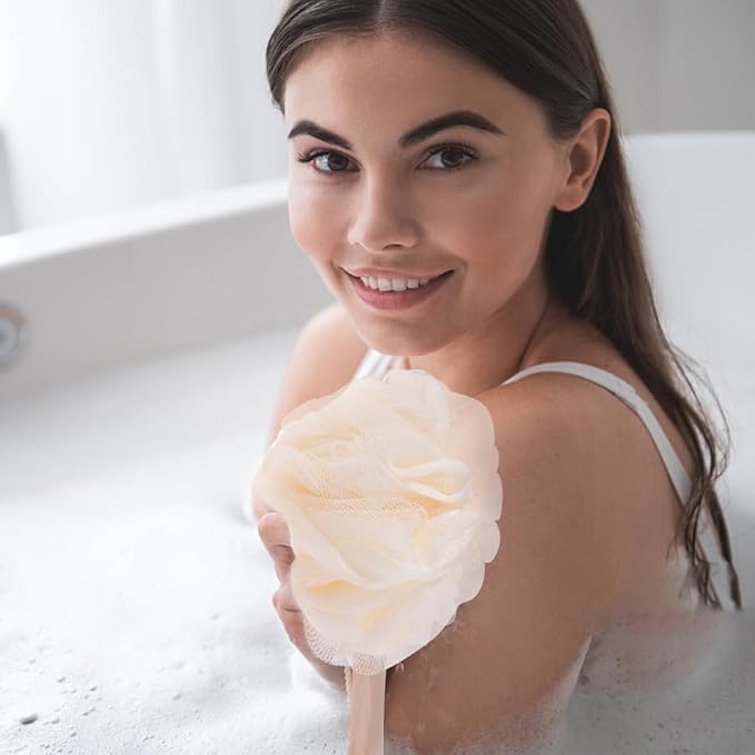 Ipetboom Long Handle Bath Sponge Brush with Loofah Mesh Exfoliating Scrubber for Shower Back and Feet Dead Skin Removal Suitable for Men and Women 13.77 Inch Handle