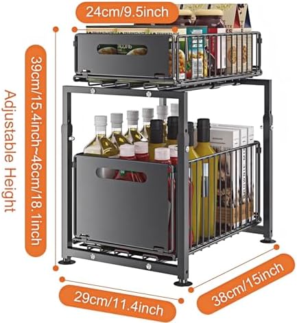 Under Sink Organizer, 2-Tier Multi-Use Kitchen and Bathroom Organizers and Storage, Slide Out Thickened Metal Under The Sink Organizer for Kitchen Bathroom Pantry (Style A Black, 2 Pack)