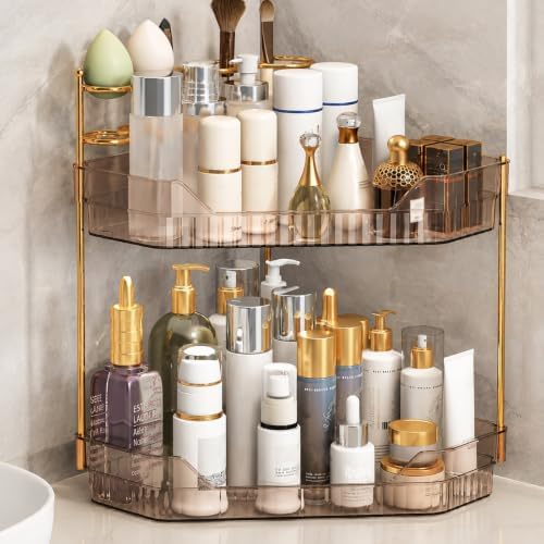 Corner Bathroom Counter Organizer with Makeup Brush Holder & Toothbrush Holders, Makeup Organizer for Vanity Countertop, Acrylic Skincare Storage Shelf (Amber, 2-Tier)