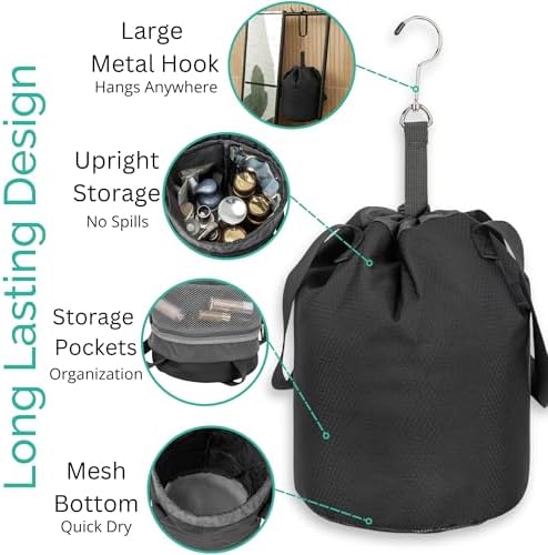 Quick Dry Mesh Shower Caddy for College Dorms – Lightweight Shower Caddy Mesh with Drawstring Top, Breathable Mesh Bottom, and Multiple Pockets with Zippers for Cruise Essentials for Shower (Black)