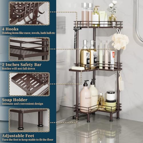 Consumest Corner Shower Caddy Standing - 3-Tier Stainless Steel Shower Organizer with Soap Holder and 4 Hooks, Large Capacity Corner Shelf Stand for Bathroom, Rest Room, Bronze