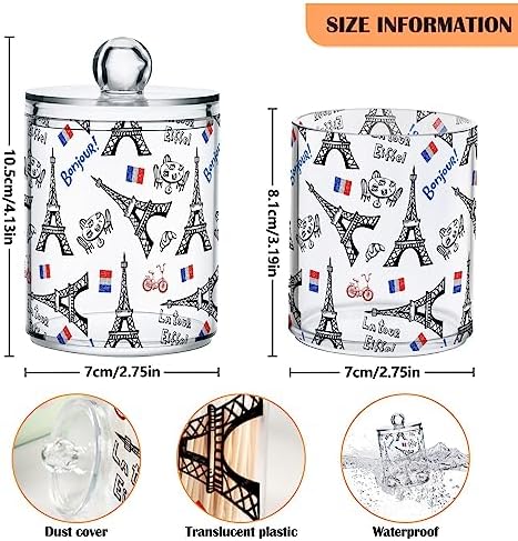 2 Pack Plastic Qtips Holder France Paris Tower Bathroom Organizer Canisters for Cotton Balls/Swabs/Pads/Floss,Plastic Apothecary Jars for Vanity