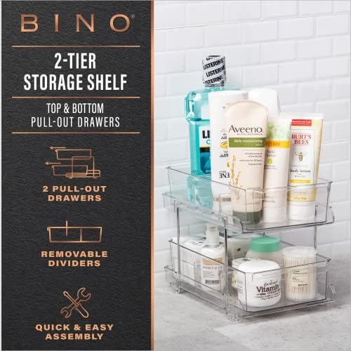 BINO 2 Tier Clear Storage Organizer with Dividers | Slide Out Drawer for Under Sink or Medicine Cabinet | Bathroom Closet, Vanity, Pantry Organizer | Under Cabinet Storage for Bathroom and Kitchen