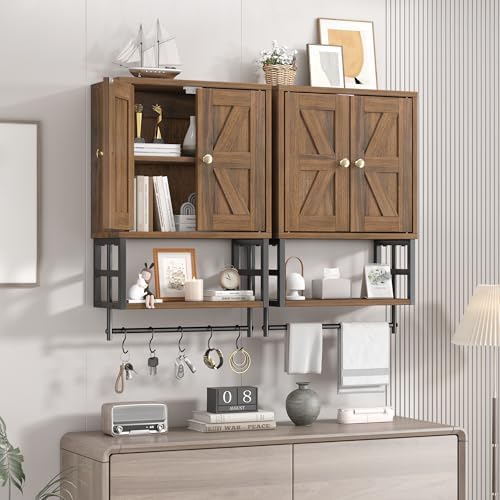 Bathroom Wall Cabinet, Farmhouse Medicine Storage with Towel Bar, Walnut