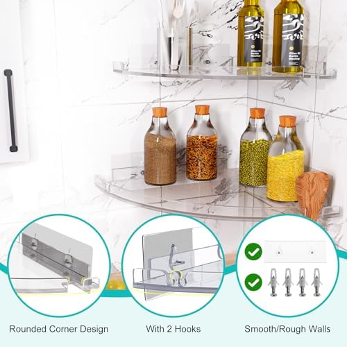 Acrylic Corner Shower Shelves, Adhesive Shower Caddy Organizer for Bathroom Storage Home Decor, Clear Rustproof No Drilling Wall Shelf, 2-Pack