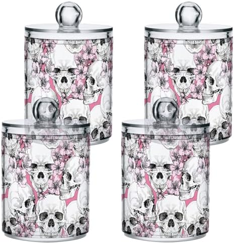 MNSRUU 2 Pack Qtip Holder Organizer Dispenser Pink Floral Skull Bathroom Storage Canister Cotton Ball Holder Bathroom Containers for Cotton Swabs/Pads/Floss