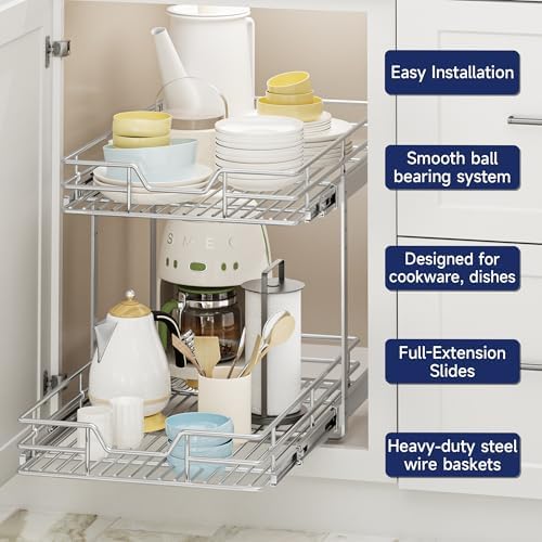 2-Tier Pull Out Cabinet Organizer, 15.5" W x 21.5" D, Heavy Duty Dual Slide Out Shelves for Base Cabinets, Chrome Wire Basket Drawer for Pantry, Kitchen & Bathroom Storage