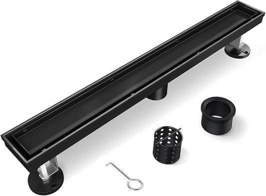 Linear Shower Drain, 42 Inch Black Shower Drain with Removable Tile Insert Grate, 2 in 1 Bathroom Modern 304 Stainless Steel Matte Black Shower Floor Drain with Adjustable Feet,Hair Filter