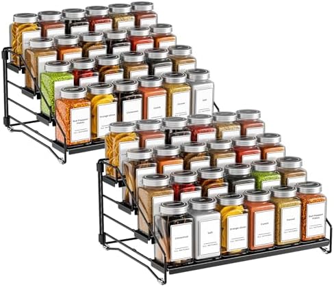 BOIVSHI 4 Tier Spice Rack Organizer, Spice Rack for Cabinet, Adjustable Depth Seasoning Shelf for Countertop, Pantry, Seasoning Organizer, Metal, Black (2 Pack)