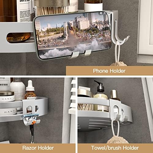 VOLPONE Corner Shower Caddy with Razor Holder Adhesive Shower Shelf Corner No Drilling Bathroom Corner Shower Organizer Storage Rack Shampoo Holder Wall Mount (2-Pack, Silver)