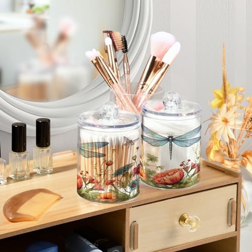 Dragonfly Flowers 2 Pack Qtip Holder Dispenser with Lids, Plastic Storage Containers, Bathroom Canisters Organizer for Cotton Swab, Floss 21214449