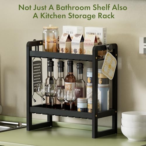 AmazerBath Bamboo Over The Toilet Storage Shelf - 2-Tier Bathroom Organizers and Storage Shelves, 2 in 1 Dual Stable Above Over Toilet Bathrooms Shelf Home Storages Rack for Small Bathroom, Black