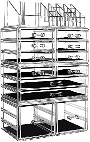 Cq acrylic 4 Pack Clear Makeup Organizer Countertop,Stackable 12 Drawers Skincare Organizer,Cute Skin Care Organizer for Vanity Hair Clip,Jewelry,Beauty Product Desk and Make Up Organizers for Vanity