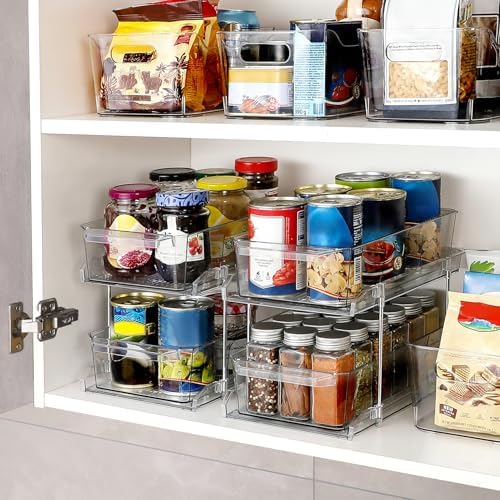 2 Tier Clear Organizer with Dividers for Cabinet, Shlef, Counter - MultiUse Slide-Out Storage Container - Kitchen, Pantry, Medicine Cupboard Bins, Bathroom, Vanity Makeup, Under Sink Organizing