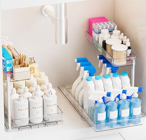 Yieach 2 Pack 14.6″ Deep Pull Out Under Sink Organizer,12.8″ High 2 Tier Slide Out Cabinet Organizer for Kitchen Cabinet,Undersink Organizers,Under Sink Shelves,Bathroom Organizers and Storage,Clear