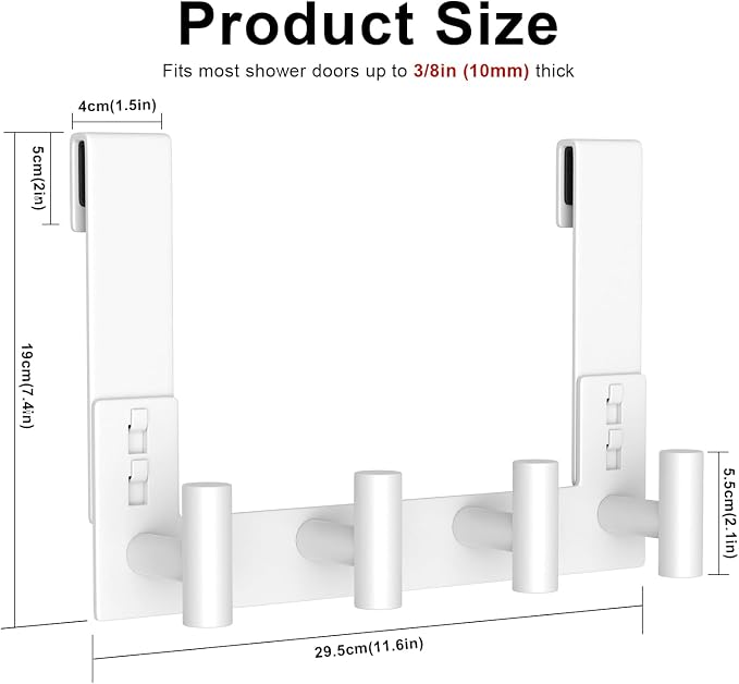 PMMASTO No-Drill Extra Long Shower Hooks, Fits 3/8" Thick Door, Heavy Duty Stainless Steel Towel Hooks for Frameless Glass Shower Door, Holds Bathrobe Towel (White, 4 T-Hooks)
