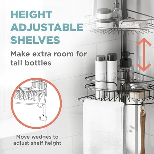 Zenna Home Tension Pole Shower Caddy Corner Organizer, Adjustable Standing Shower Caddy with 4 Baskets and Built in Towel Bar, Rust Resistant Bathroom Tension Rod Organizer, 60 to 97 Inch, Matte Black