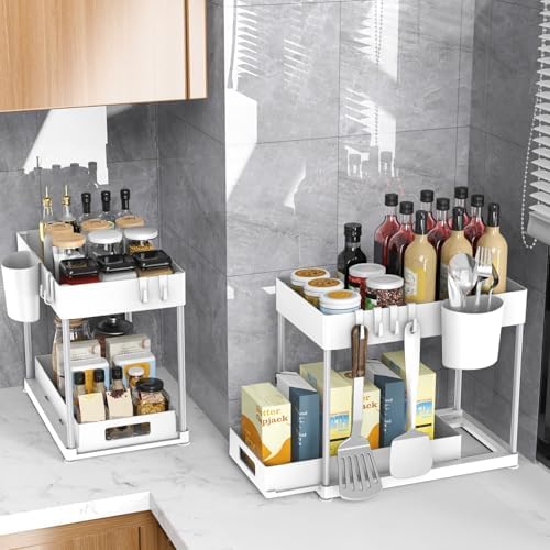2 Pack Under Sink Organizer with Pull-Out Drawer, White