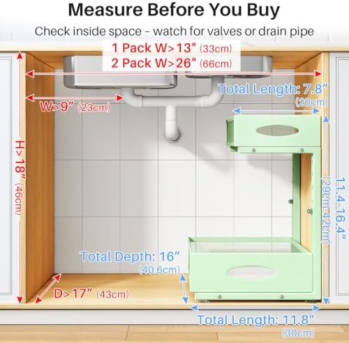 Under Sink Organizer, 2 Pack 2 Tier Pull Out Under Cabinet Organizer Shelf with Pad for Framed Cabinets, Metal Slide Out Under Sink Storage, Mesh Sliding Drawers for Kitchen Bathroom Laundry, Green