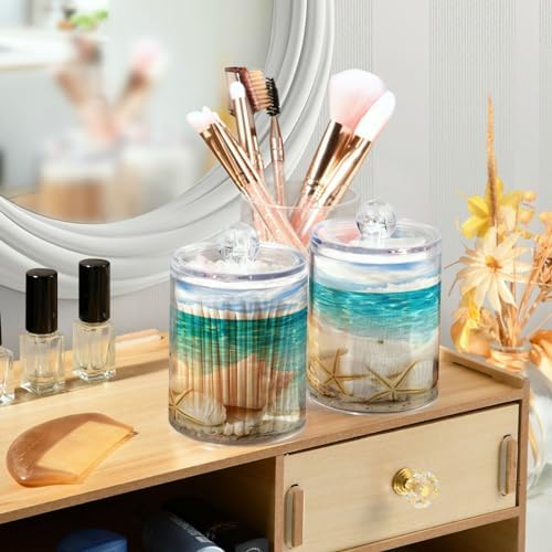 2 Pack Sea Beach Starfish Qtip Holder Dispenser with Lid, 14 oz Clear Plastic Apothecary Jar Set for Bathroom Vanity Organizers Storage Containers