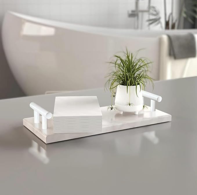 XZHXFX Guest Towel Holder Tray for Bathroom,Marble Slab with Handles -Napkin Holder for Kitchen - Bathroom Tray (White,Small)