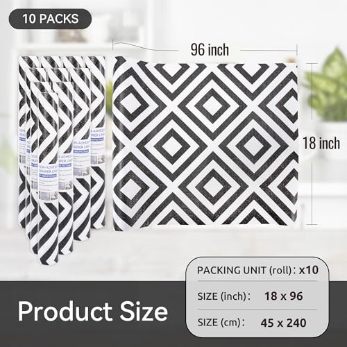 FIFTY FEET 18"x96" Non-Adhesive Shelf Liner for Kitchen Cabinets and Drawers, Washable Non-Slip PVC Cabinet Liner (Black Plaid)(10 Roll)