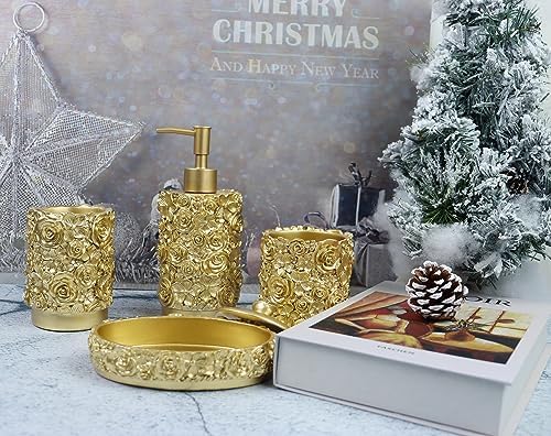 Hymmah Gold Bathroom Accessories Set,Rose Design Bathroom Set,Farmhouse Bathroom Decor,4 Pcs Resin Gift Set Apartment Necessities, Contain Cotton Swab Jar,Soap Dispenser,Soap Dish,Tumbler White