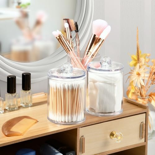 Gredecor 4 Pack Snow Qtip Holder Organizer Dispenser Clear Bathroom Storage Canister Cotton Ball Holder Bathroom Containers for Cotton Swabs/Pads/Floss