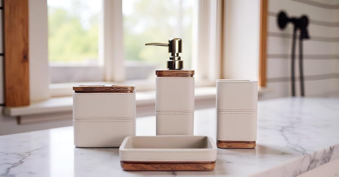Hymmah Leather Pattern Design Bathroom Accessories Set,Farmhouse Bathroom Decor,4 Pcs Resin Gift Set Apartment Necessities, Contain Cotton Swab Jar,Soap Dispenser,Tumbler，Soap Dish/Tray