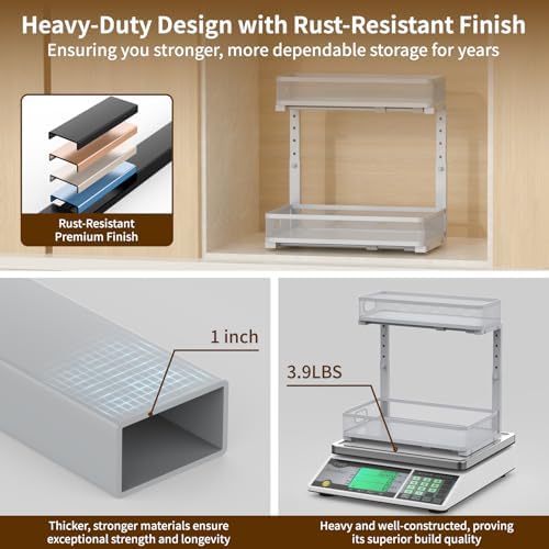 Under Sink Organizer 2 Pack, 2-Tier Slide Out Cabinet Organizer with Metal Sliding Drawer and Hooks, Pull Out Storage Baskets for Kitchen Bathroom Pantry Cabinet Organization (grey)