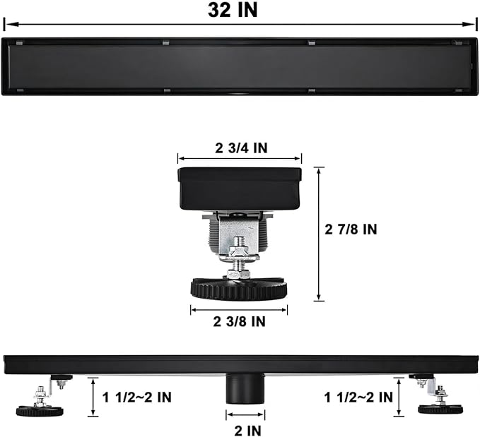 AVSIILE Linear Shower Floor Drain, Black 32 Inch 304 Stainless Steel Bathroom Drains Kit, Rectangular Shower Trench Drain with Reversable Tile-in Pattern Drain Cover & Hair Catcher