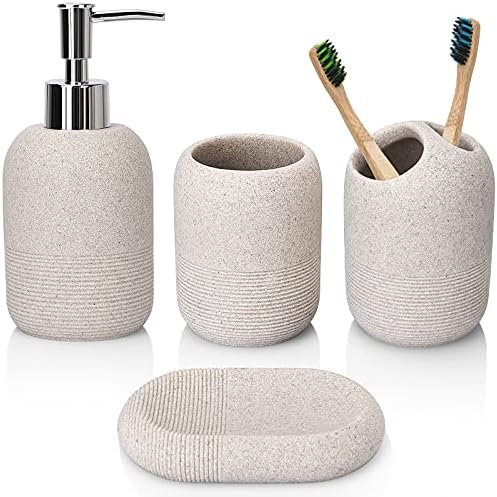 L'ARL GMVOI Bathroom Accessory Set,4 Piece Bathroom Decor Accessories Sets with Lotion Soap Dispenser,Toothbrush Holder,Bathroom Tumbler,Soap Dish for Bathroom Vanity Countertop Accessories,Beige