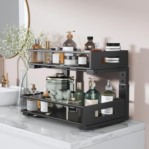 2 Packs 17IN Depth Under Sink Organizer, 2-Tier Pull Out Cabinet Organizer With Smooth Circular Rail, Large Capacity Metal Mesh Sliding Drawers For Bathroom& Kitchen Storage,Height Adjustable –Black