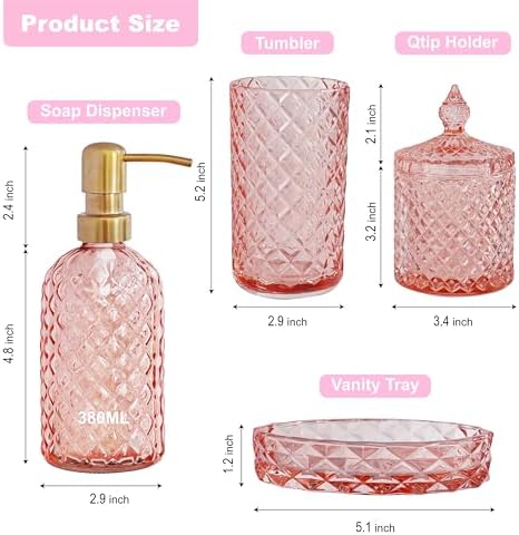 LaMarriti Pink Bathroom Accessories Set, 4Pcs Clear Glass Bathroom Set