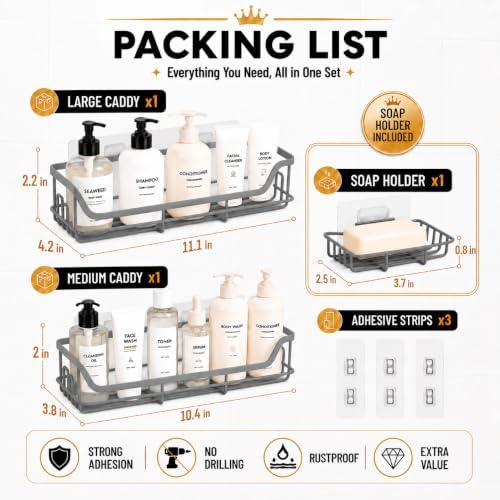 OMAIRA 3-Pack Shower Caddy with Soap Holder, Adhesive Rustproof No-drill Strudy Loading Inside Shower Organizer Shelves Rack Storage Bathroom Organization for Smooth Wall Glass Tile, Grey