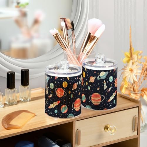 ALAZA Solar System Star Planet Space 2 Pack Qtip Holder Dispenser for Cotton Swabs, Balls, Pads, Floss 10 oz Plastic Canister Organizer