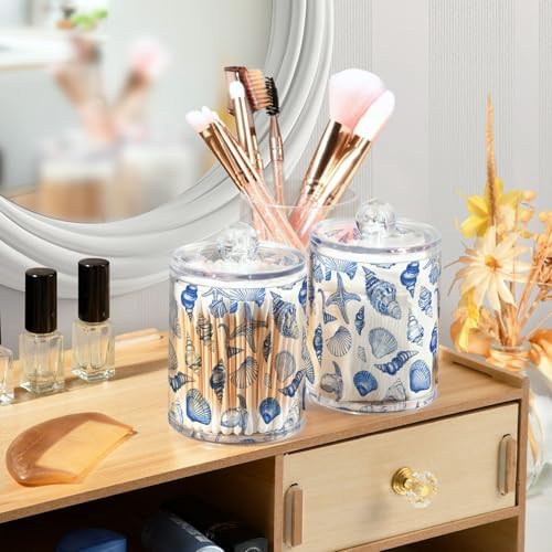ALAZA 2 Pack Qtip Holder Navy Seashells, Cotton Swab Dispenser with Lid Bathroom Containers Canister Organizer Storage Jar