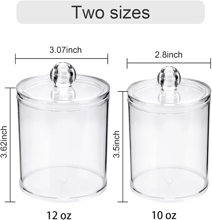 WEISHI 6 Pack Qtip Holder Dispenser -Cotton Ball, Swab, Round Pads, Floss , Small Clear Plastic Apothecary Jar Containers with Lids for Bathroom Storage and Organization, Vanity Organizer