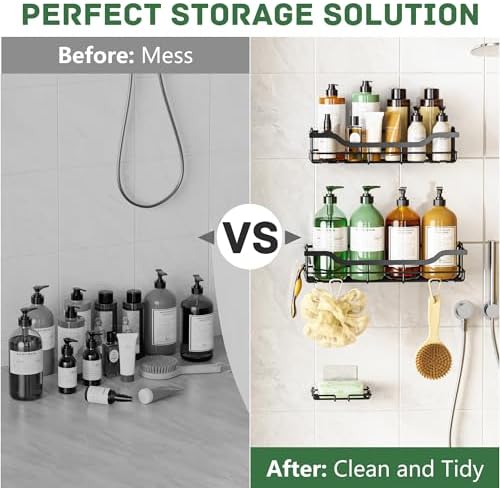 OMAIRA 3-Pack Shower Caddy with Soap Holder, Adhesive Rustproof No-drill Strudy Loading Inside Shower Organizer Shelves Rack Storage Bathroom Organization for Smooth Wall Glass Tile, Black (X-Large)