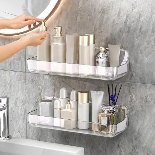 CGBE 2-Pack Adhesive Shower Shelves, Acrylic Bathroom Wall Caddy, Clear