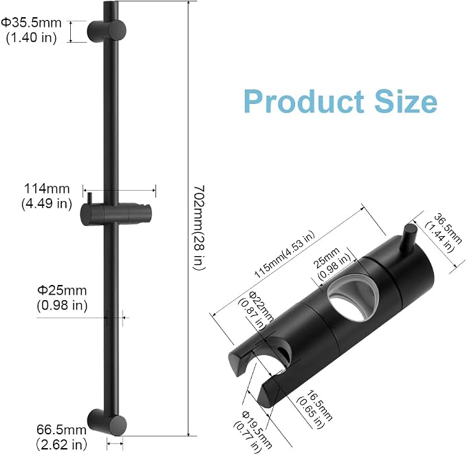 OFFO Shower Slide Bar 28 in Adjustable Installation Distance 19-27 in with 360° Adjustable Handheld Shower Head Holder for Bathroom, Screw Wall Mounted, Matte Black