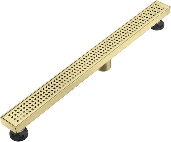 AVSIILE Linear Shower Floor Drain, Brushed Gold 40 Inch 304 Stainless Steel Bathroom Drains Kit, Long Rectangular Shower Trench Drain with Square Pattern Drain Cover & Hair Catcher