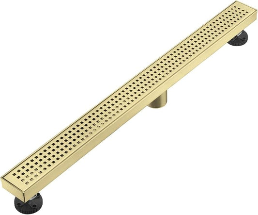 AVSIILE Linear Shower Floor Drain, Brushed Gold 40 Inch 304 Stainless Steel Bathroom Drains Kit, Long Rectangular Shower Trench Drain with Square Pattern Drain Cover & Hair Catcher
