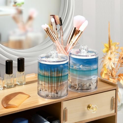 ALAZA 2 Pack Qtip Holder Ocean Seashells Beach, Cotton Swab Dispenser with Lid Bathroom Containers Canister Organizer Storage Jar