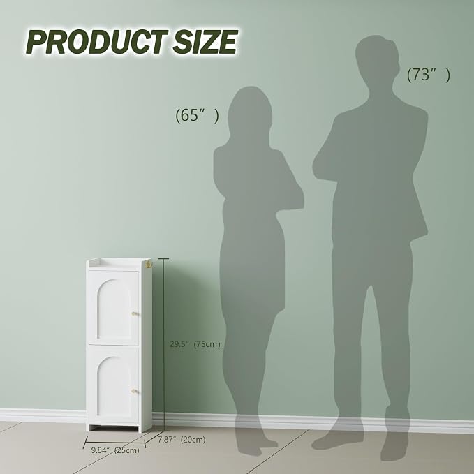 Arbuxzuy Small Bathroom Storage Cabinet,Corner Floor Cabinet with 2 Doors and Adjustable Shelf, Narrow Toilet Paper Cabinets with 2Hooks,Toilet Organizer for Small Spaces，7.87"D*9.84"W*29.72"H(White)